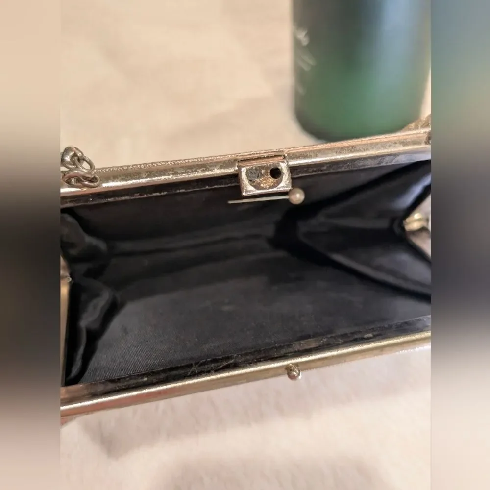 Vintage Silver Metallic Evening Bag Convertible Clutch Rhinestone Kiss Lock